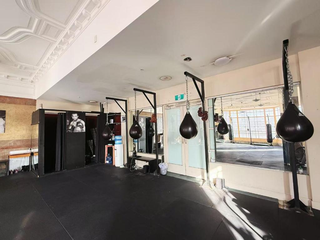 Punching bags and mirrors in the gym, with tall heritage windows.