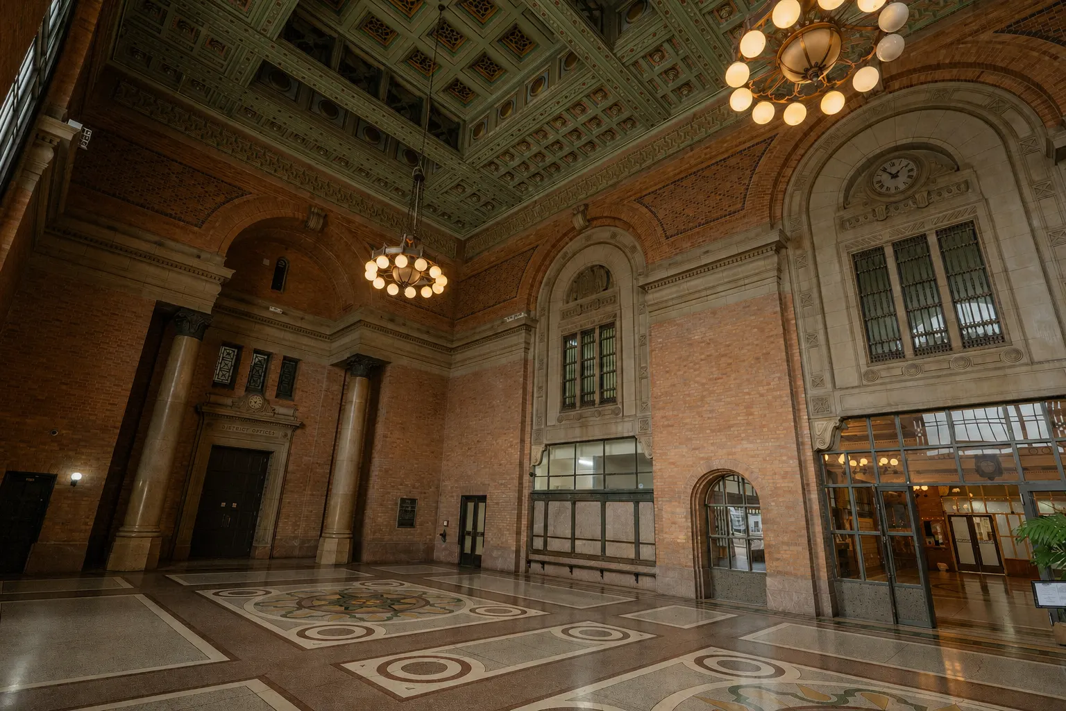 Brick arches, chandeliers and the heritage ceiling of the Grand Hall at Grand Central Hotel.