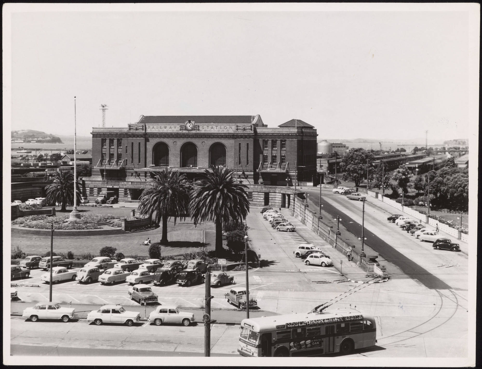 The brick facade and arched entrances of the former Auckland Railway Station.