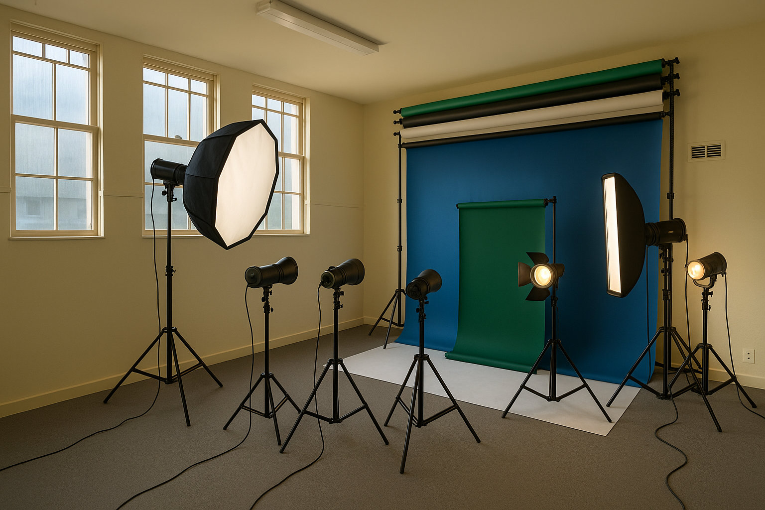 Wide view across the photography studio.