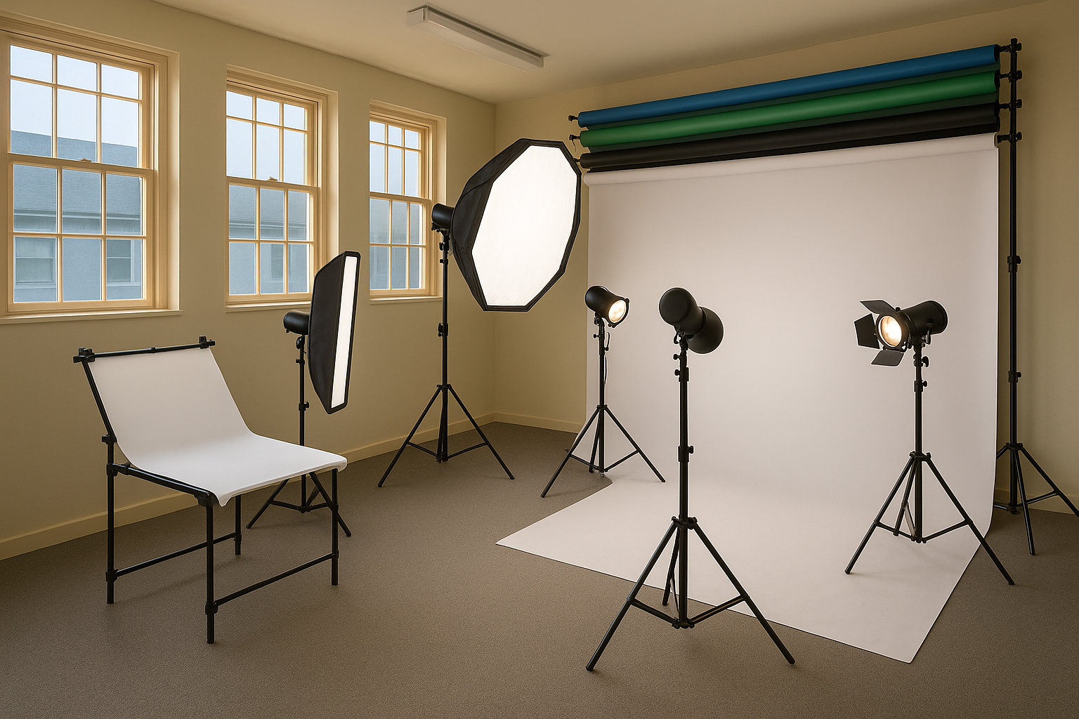 The dedicated photography studio with its open layout and backdrop system.