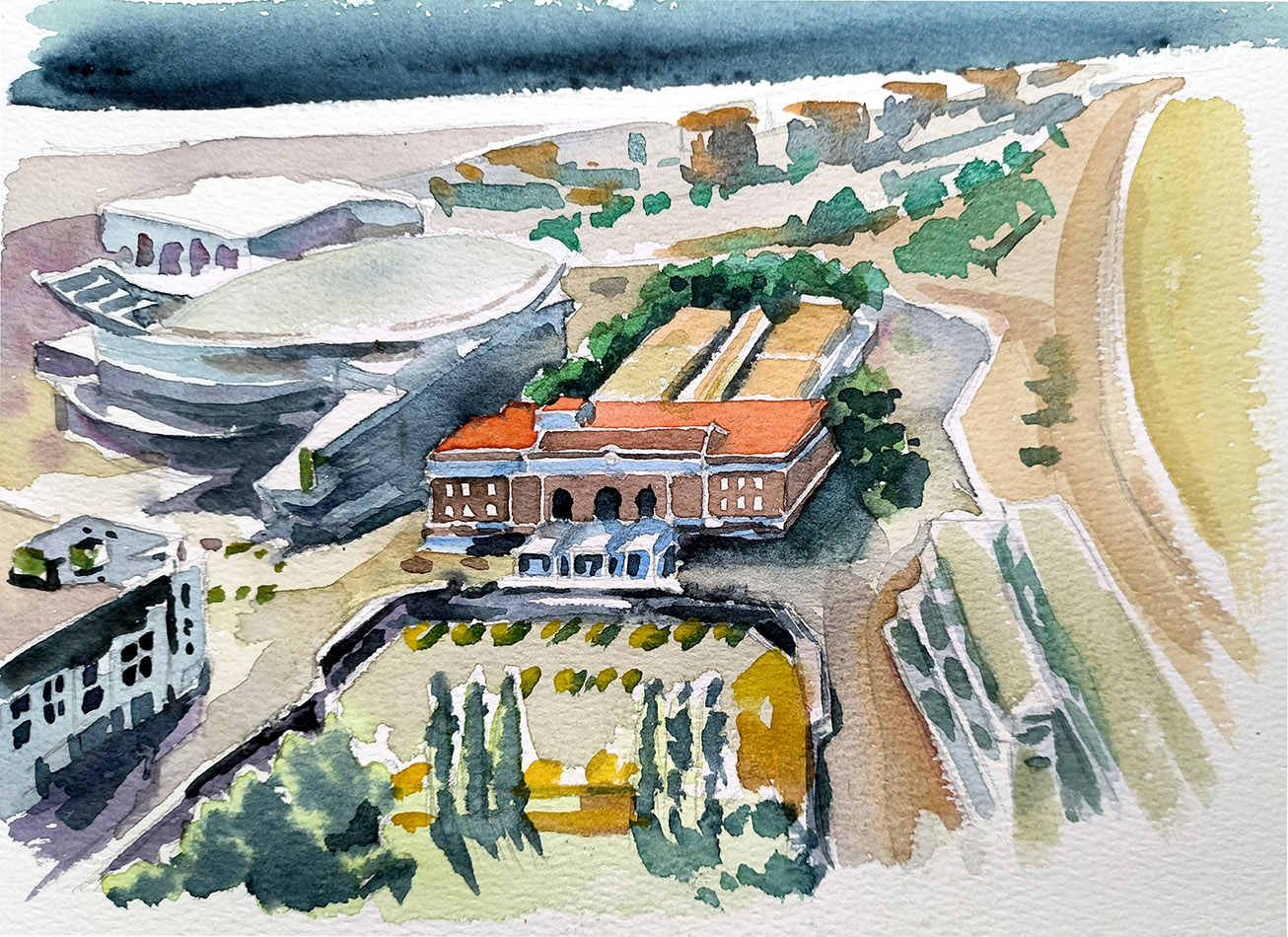 Watercolour view showing Grand Central Hotel beside Spark Arena and the Auckland waterfront.